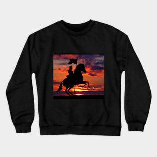 Knight riding on horse at night during sunset Crewneck Sweatshirt